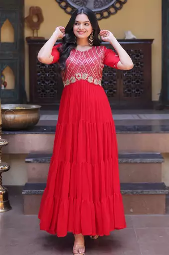 Red sequins zari embroidered russian silk anarkali gown