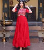 Red sequins zari embroidered russian silk anarkali gown