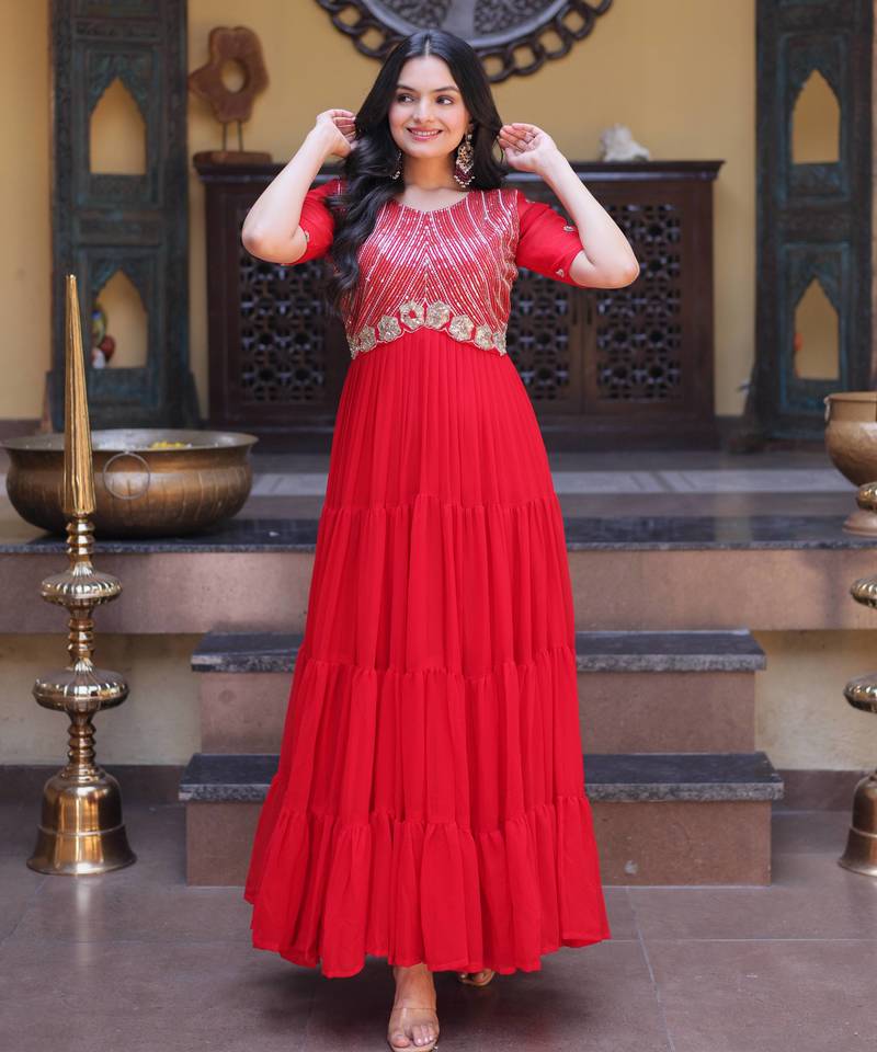Red sequins zari embroidered russian silk anarkali gown