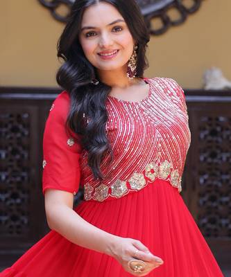 Red sequins zari embroidered russian silk anarkali gown 2