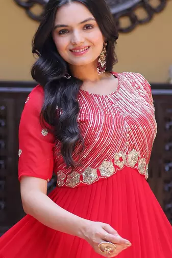 Red sequins zari embroidered russian silk anarkali gown