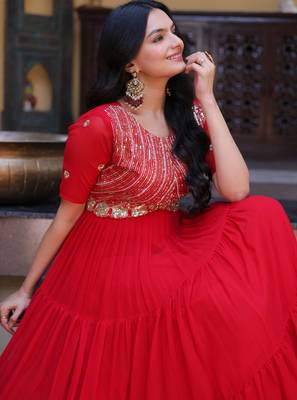 Red sequins zari embroidered russian silk anarkali gown 3