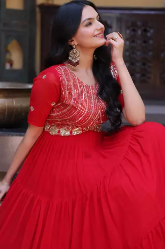 Red sequins zari embroidered russian silk anarkali gown