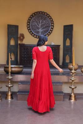 Red sequins zari embroidered russian silk anarkali gown 4