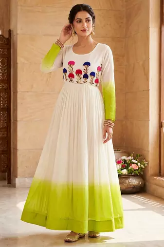 Green thread embroidered star georgette anarkali gown