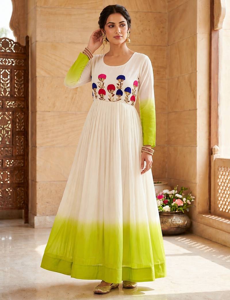 Green thread embroidered star georgette anarkali gown