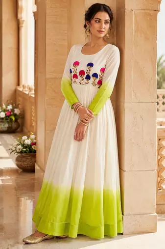 Green thread embroidered star georgette anarkali gown