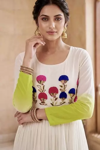 Green thread embroidered star georgette anarkali gown
