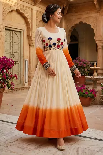 Orange thread embroidered star georgette anarkali gown