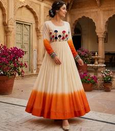 Orange thread embroidered star georgette anarkali gown