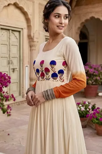 Orange thread embroidered star georgette anarkali gown