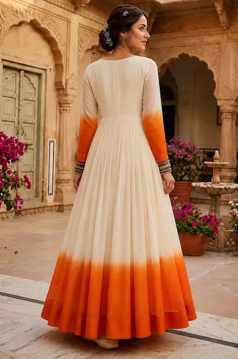 Orange thread embroidered star georgette anarkali gown