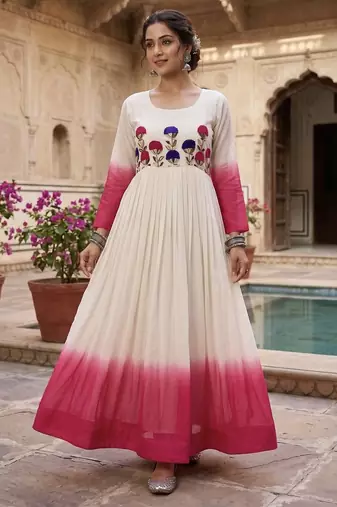 Pink thread embroidered star georgette anarkali gown