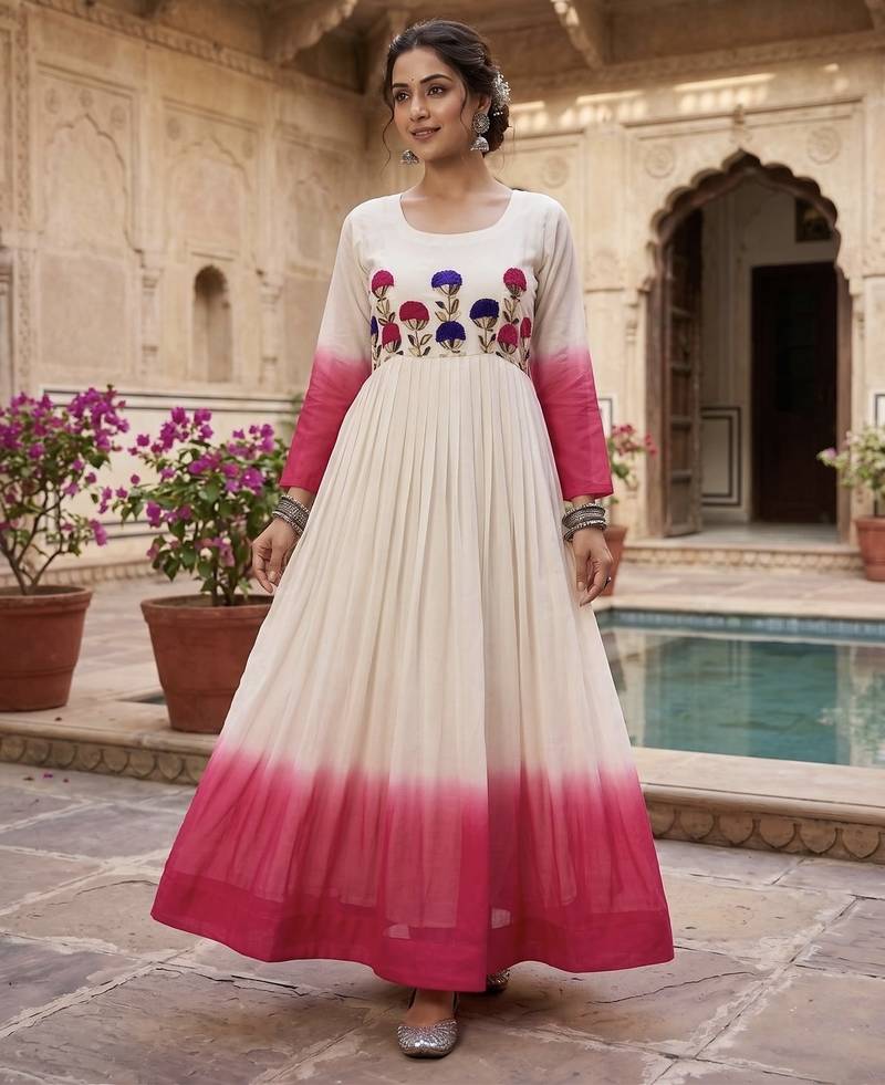 Pink thread embroidered star georgette anarkali gown