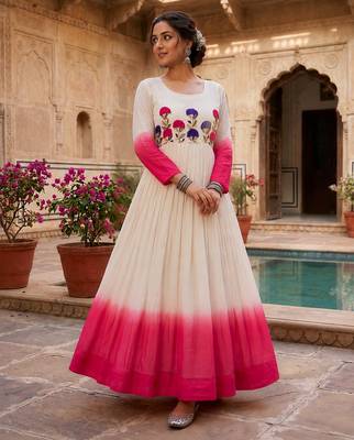 Pink thread embroidered star georgette anarkali gown 2