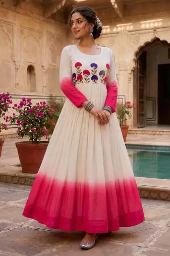 Pink thread embroidered star georgette anarkali gown