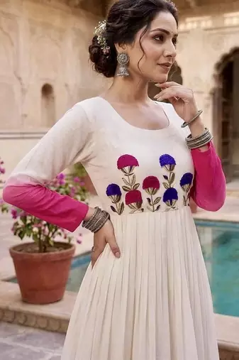 Pink thread embroidered star georgette anarkali gown
