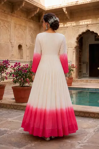 Pink thread embroidered star georgette anarkali gown