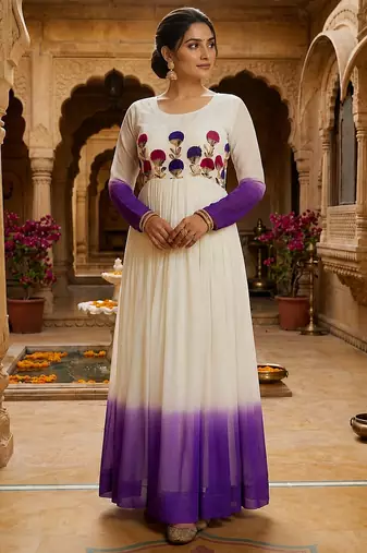Purple thread embroidered star georgette anarkali gown