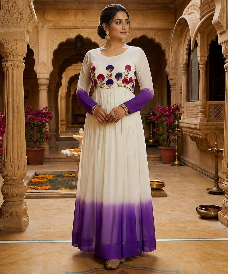 Purple thread embroidered star georgette anarkali gown