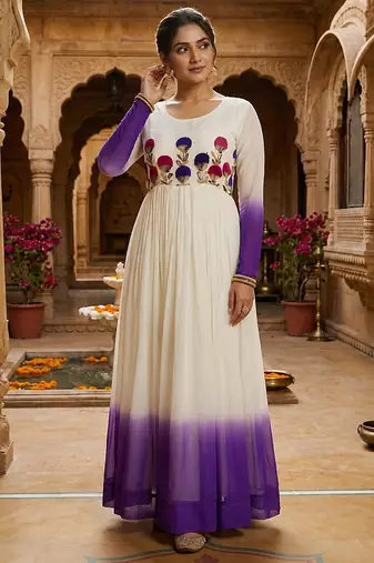 Purple thread embroidered star georgette anarkali gown