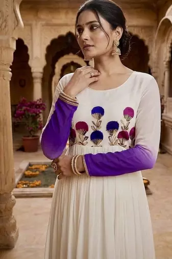 Purple thread embroidered star georgette anarkali gown