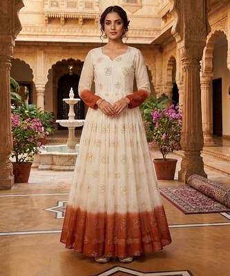 Orange sequins embroidered silver crunchy anarkali gown 1
