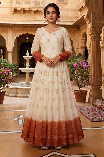 Orange sequins embroidered silver crunchy anarkali gown
