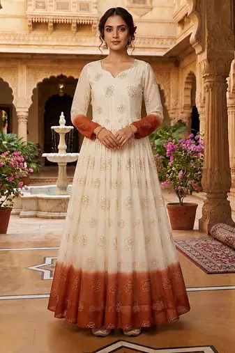 Orange sequins embroidered silver crunchy anarkali gown