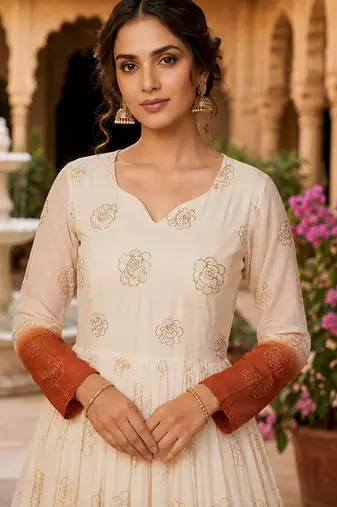 Orange sequins embroidered silver crunchy anarkali gown