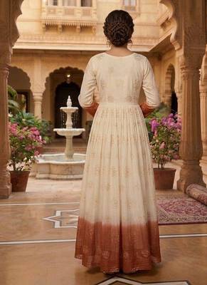 Orange sequins embroidered silver crunchy anarkali gown 3
