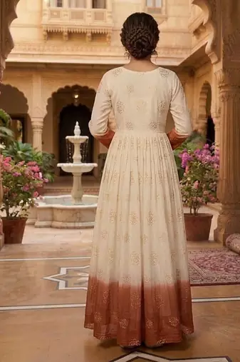 Orange sequins embroidered silver crunchy anarkali gown