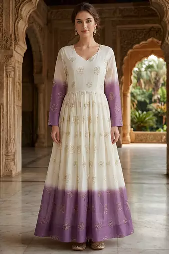 Purple sequins embroidered silver crunchy anarkali gown