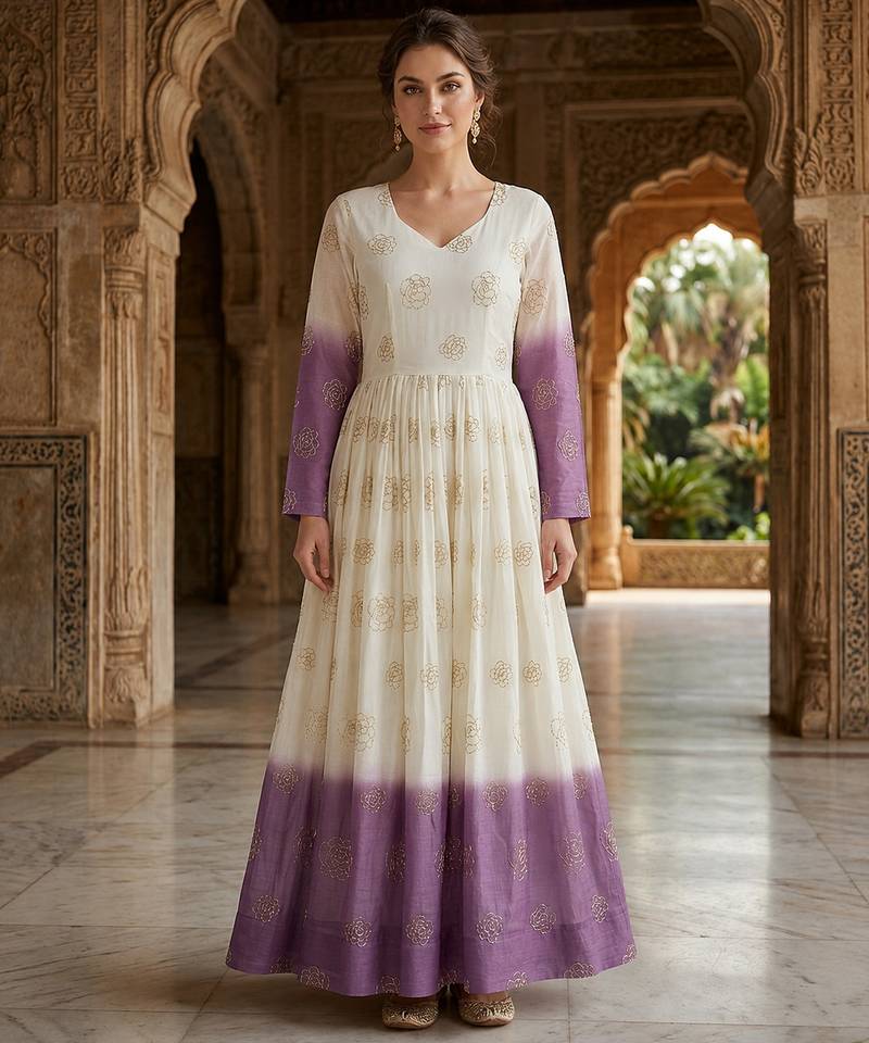 Purple sequins embroidered silver crunchy anarkali gown