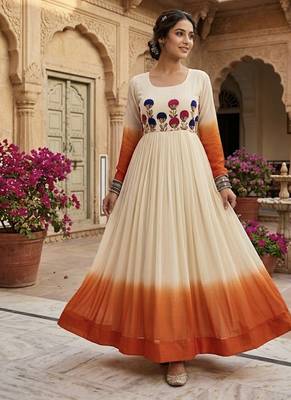 Orange thread embroidered star georgette anarkali gown 1