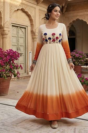 Orange thread embroidered star georgette anarkali gown