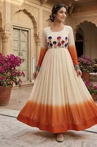 Orange thread embroidered star georgette anarkali gown