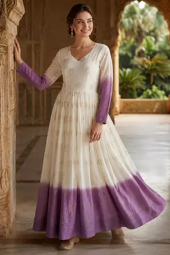 Purple sequins embroidered silver crunchy anarkali gown