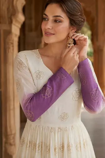 Purple sequins embroidered silver crunchy anarkali gown