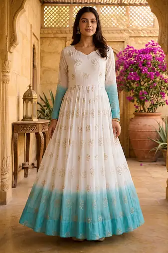 Sky blue sequins embroidered silver crunchy anarkali gown