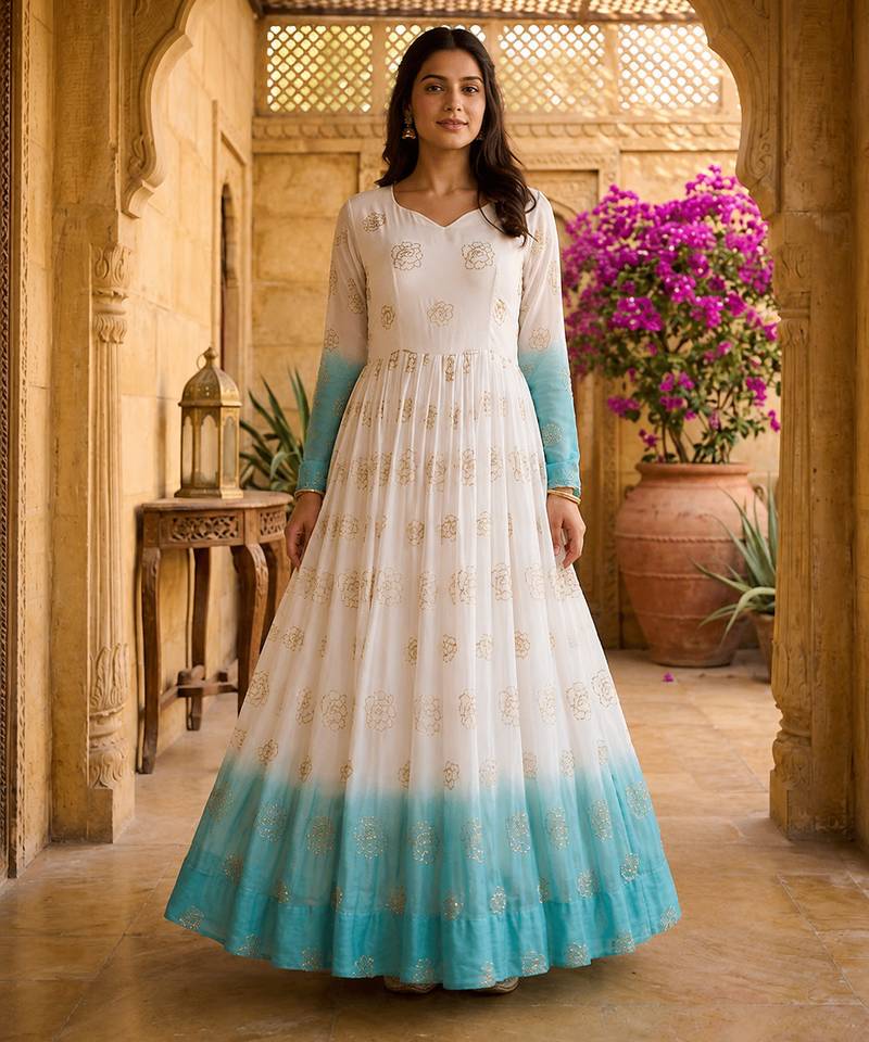Sky blue sequins embroidered silver crunchy anarkali gown