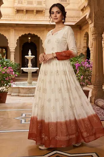 Orange sequins embroidered silver crunchy anarkali gown