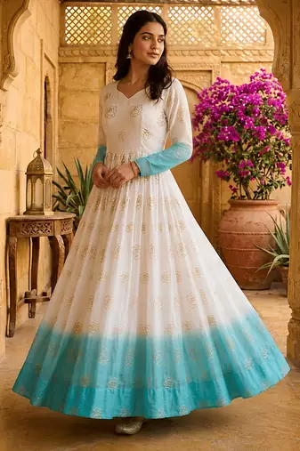 Sky blue sequins embroidered silver crunchy anarkali gown