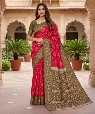 Pink art silk ikkat and patola weaving concept saree & contrast blouse 1