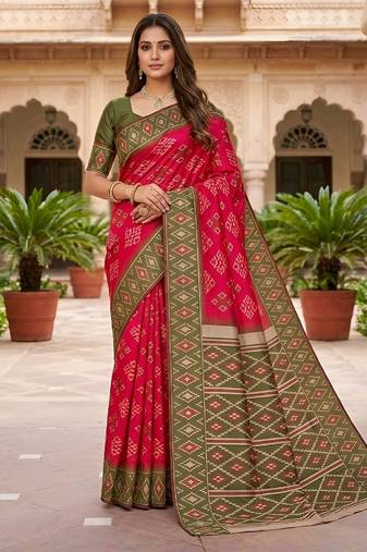 Pink art silk ikkat and patola weaving concept saree & contrast blouse