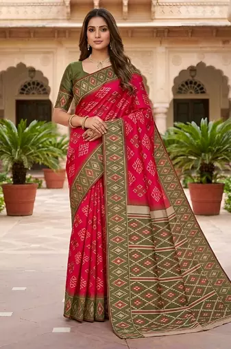 Pink art silk ikkat and patola weaving concept saree & contrast blouse