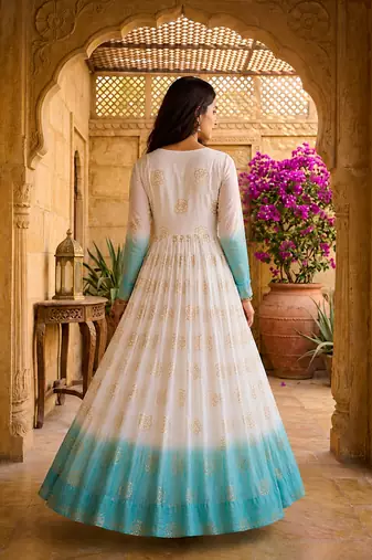 Sky blue sequins embroidered silver crunchy anarkali gown
