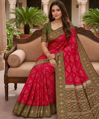 Pink art silk ikkat and patola weaving concept saree & contrast blouse 3