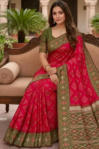 Pink art silk ikkat and patola weaving concept saree & contrast blouse