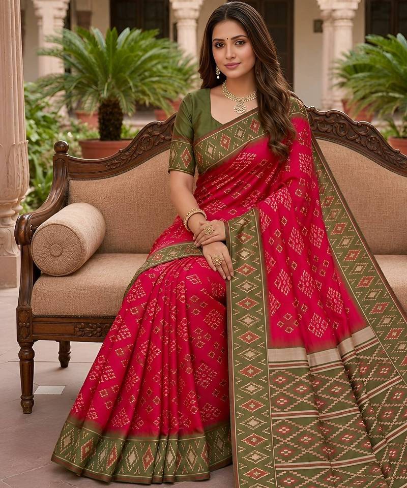 Pink art silk ikkat and patola weaving concept saree & contrast blouse